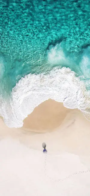Beachfront view with bright blue sky and ocean waves