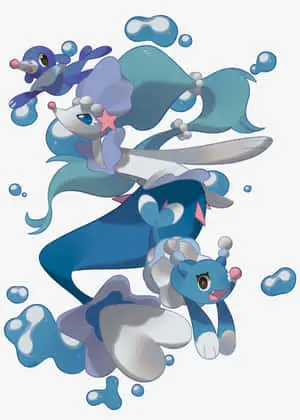 A Brionne, Popplio and Primarina cheering up together.