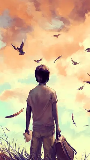 Relieving Sad Boy Cartoon Staring At Sunset Sky